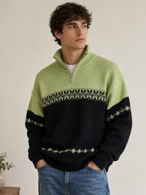 Vintage Meister Fair Isle Quarter Zip Sweater Mens Large Green Black Wool Nordic